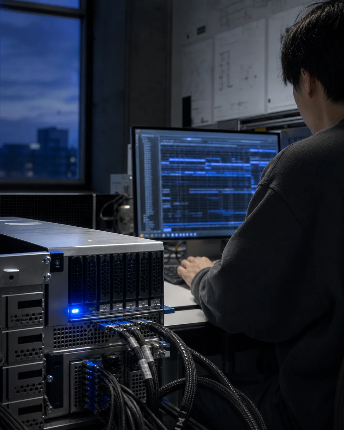 An AI systems researcher working beside server hardware